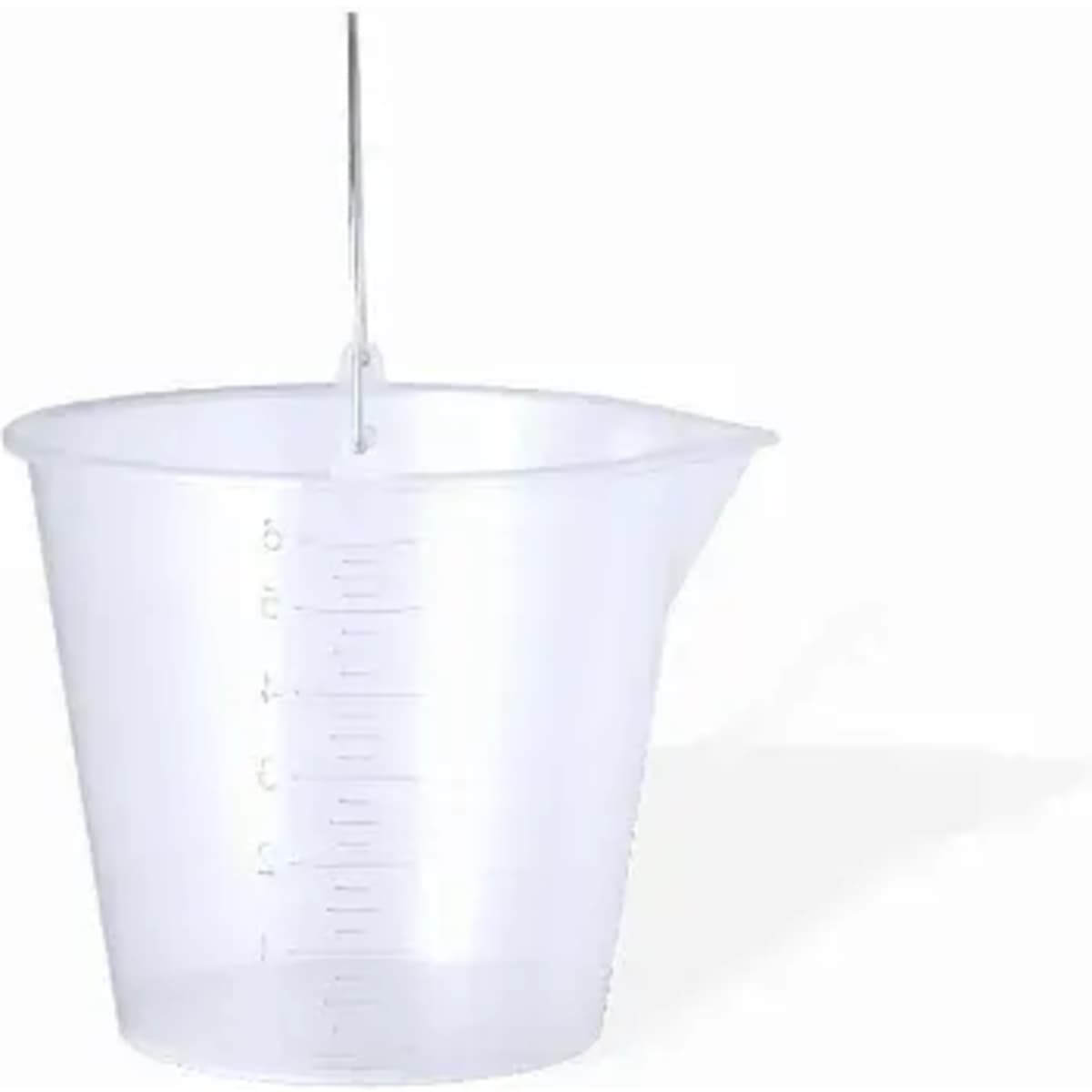 A clear measuring cup with a spout and a handle, featuring measurement markings on the side.