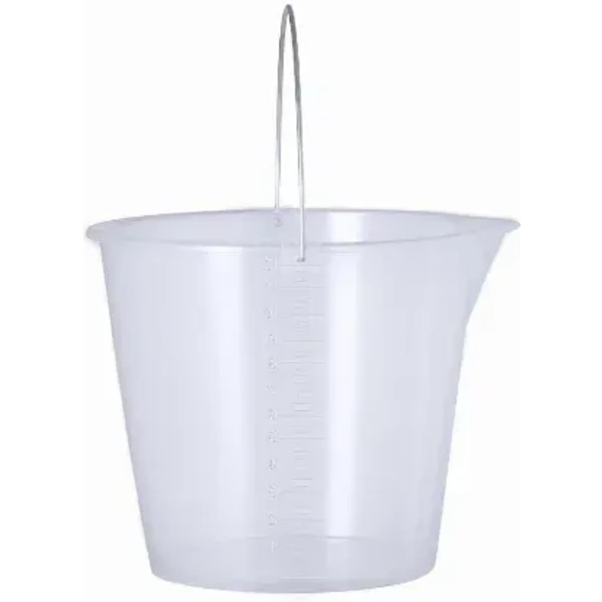 A clear plastic bucket with a metal handle and a spout for easy pouring.