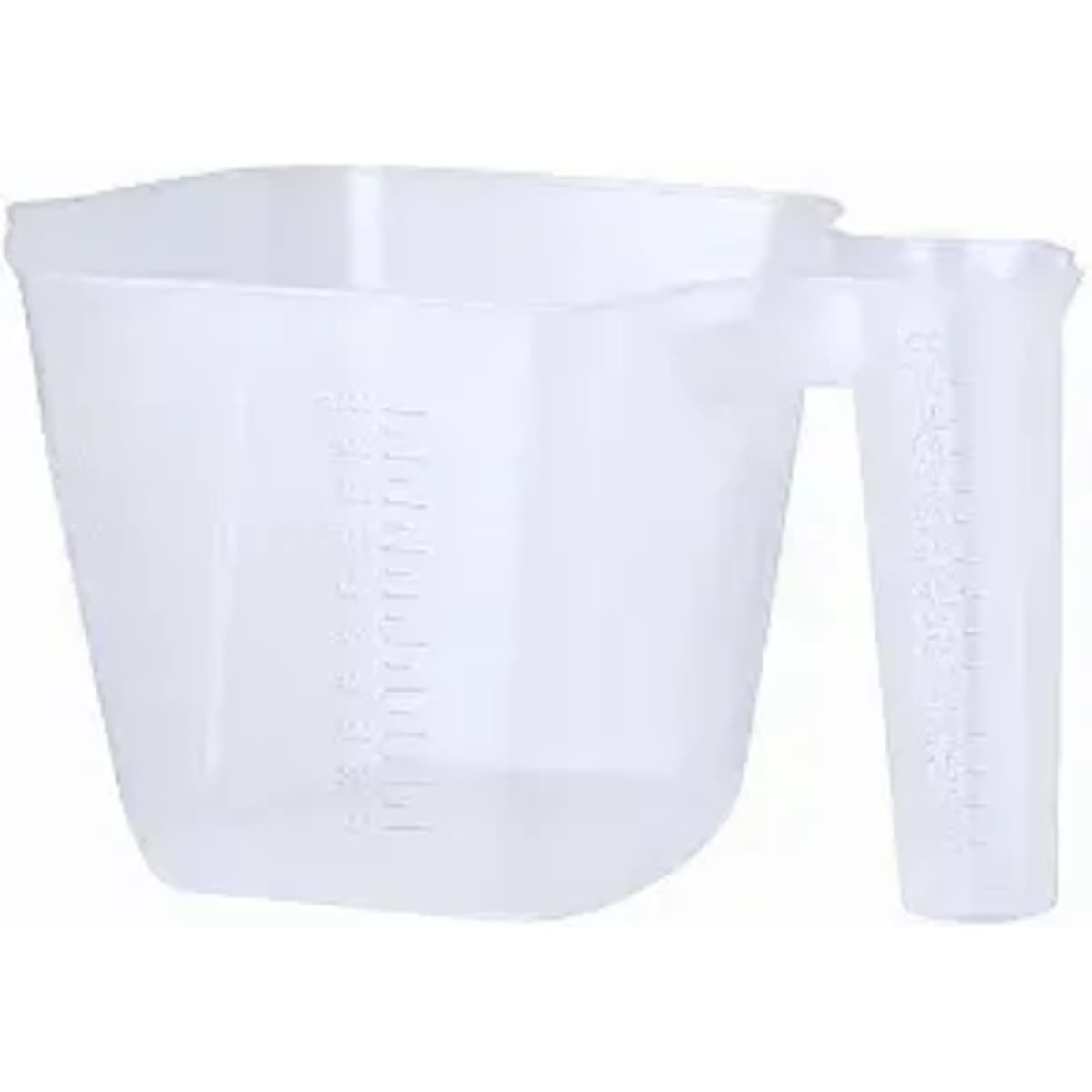 A measuring jug with a handle, made of clear plastic, featuring measurement markings on the side.