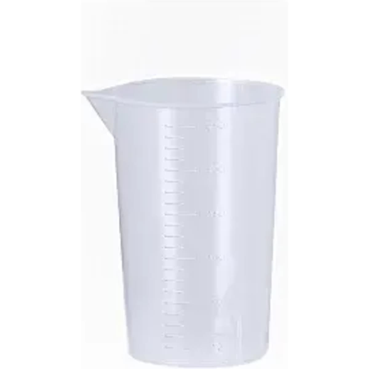 A clear plastic measuring jug with measurement markings on the side. It has a spout for easy pouring.