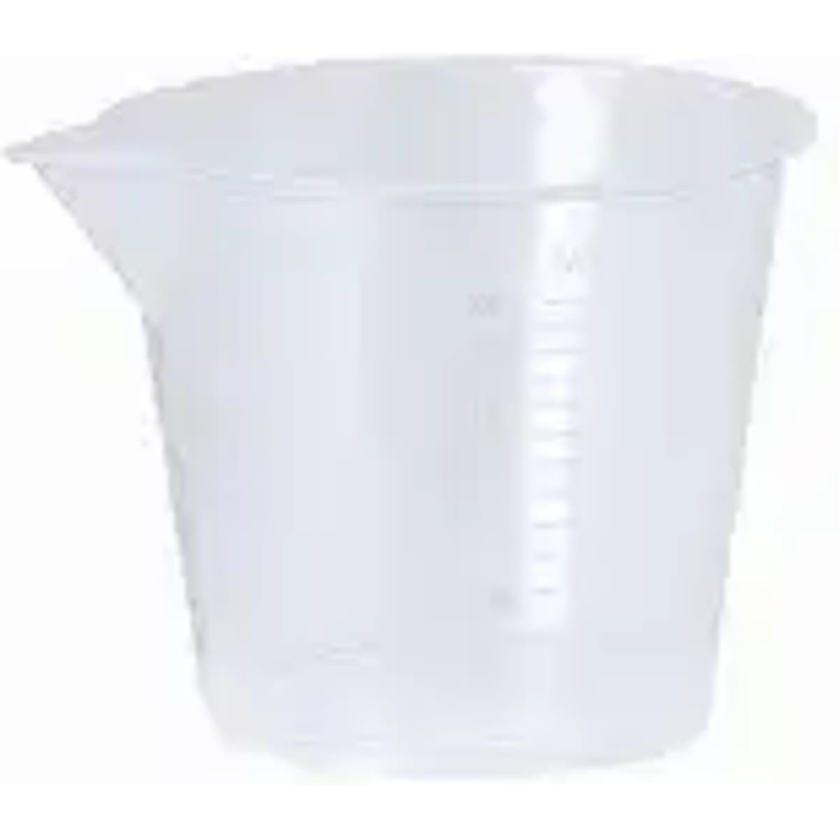 A clear plastic measuring cup with graduated markings and a pouring spout.