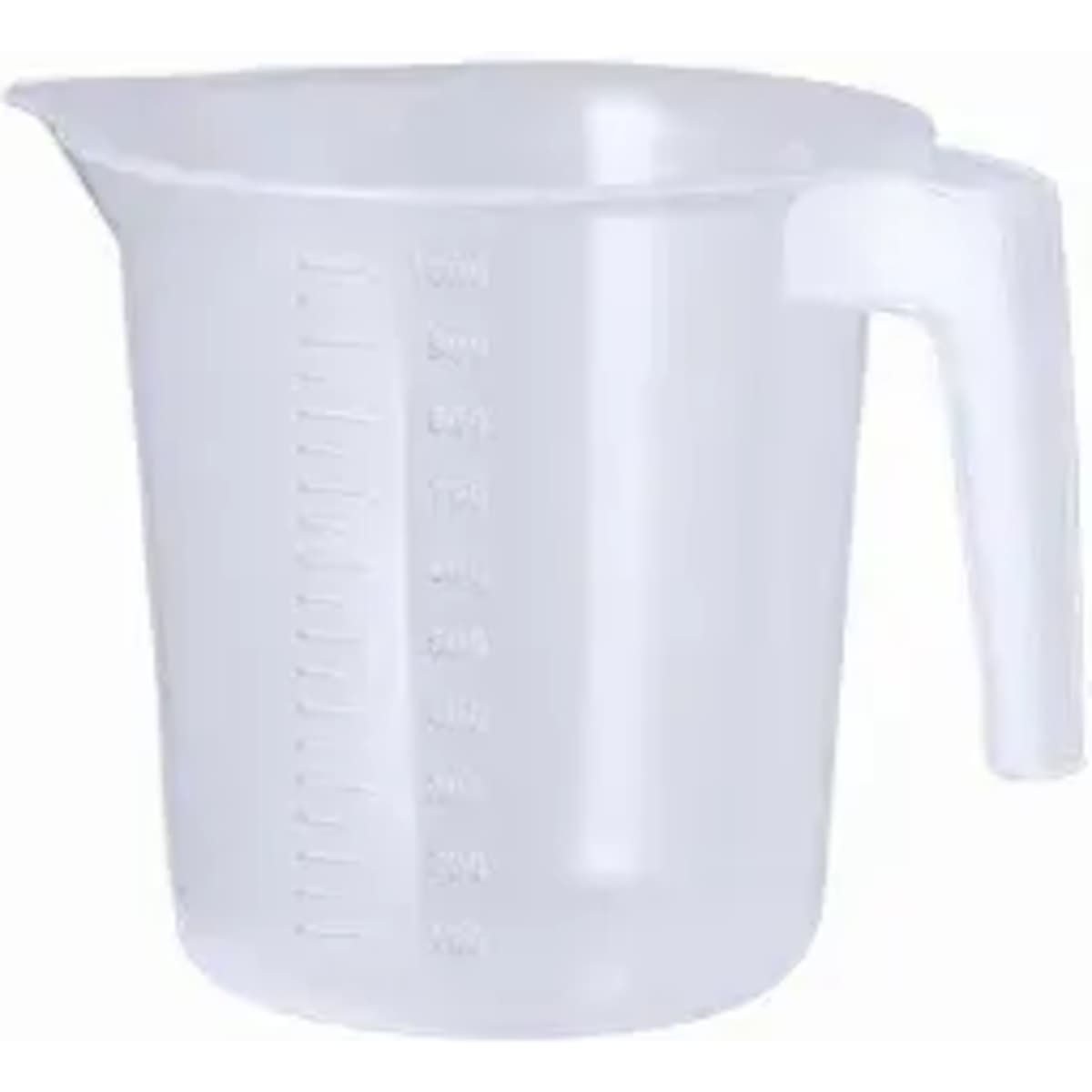 A clear plastic measuring jug with a handle and measurement markings on the side.