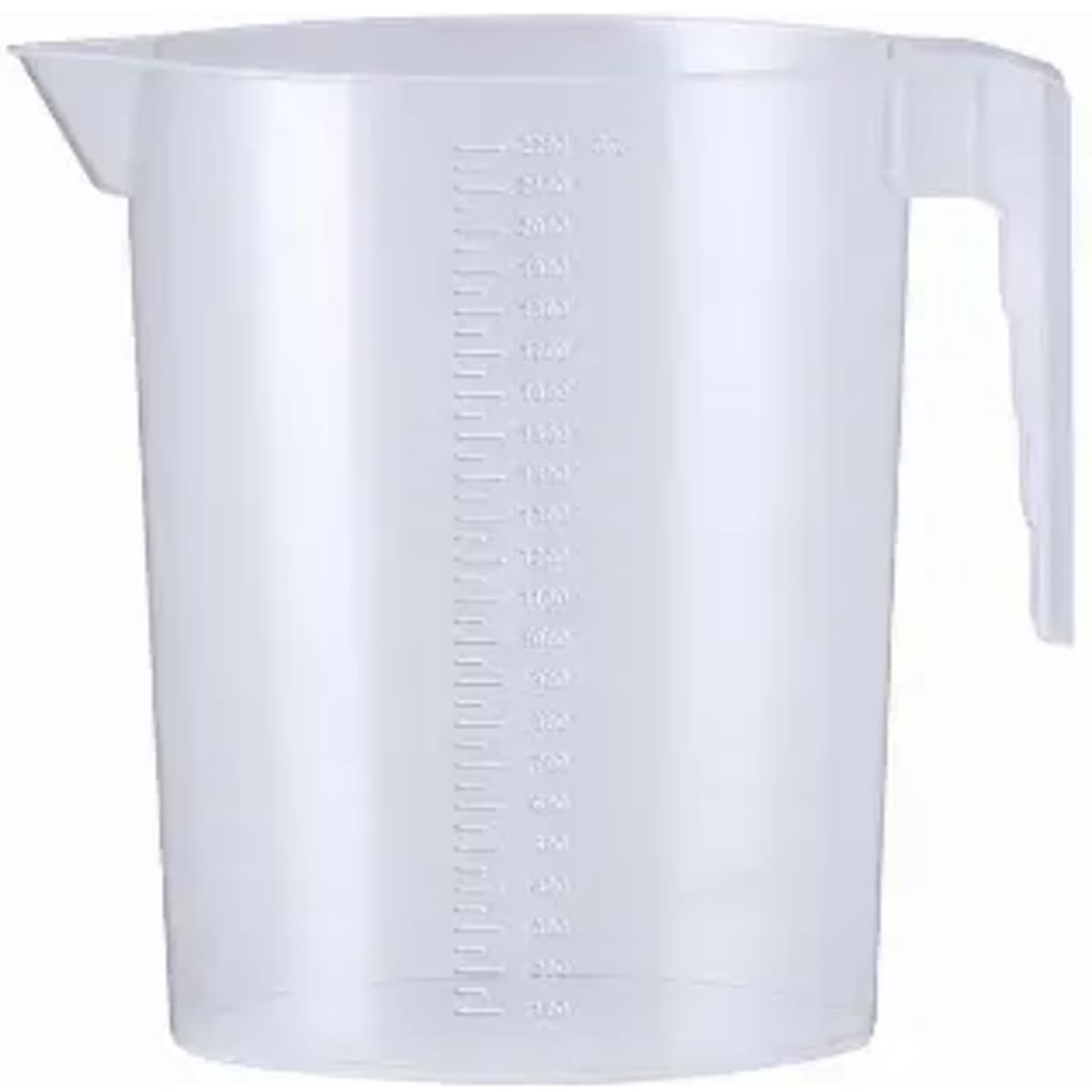 A clear plastic measuring jug with volume markings on the side and a spout for pouring.