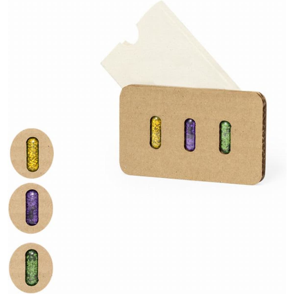 A cardboard case containing three colourful capsules in purple, green, and yellow, alongside a paper insert.
