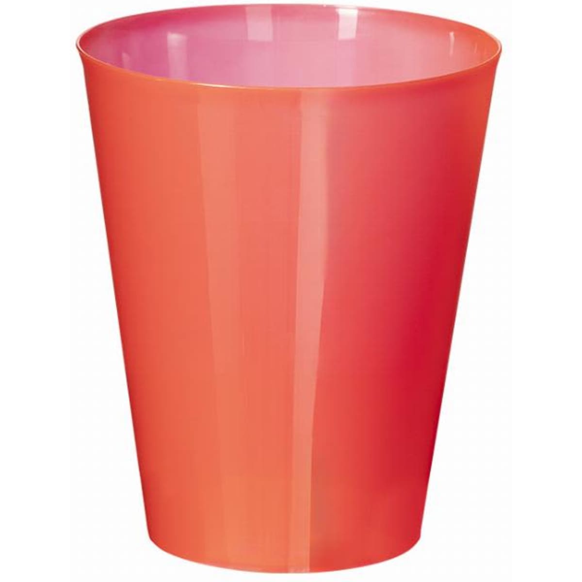 A drink bottle in a gradient of pink and orange, with a sleek, modern design and a logo.