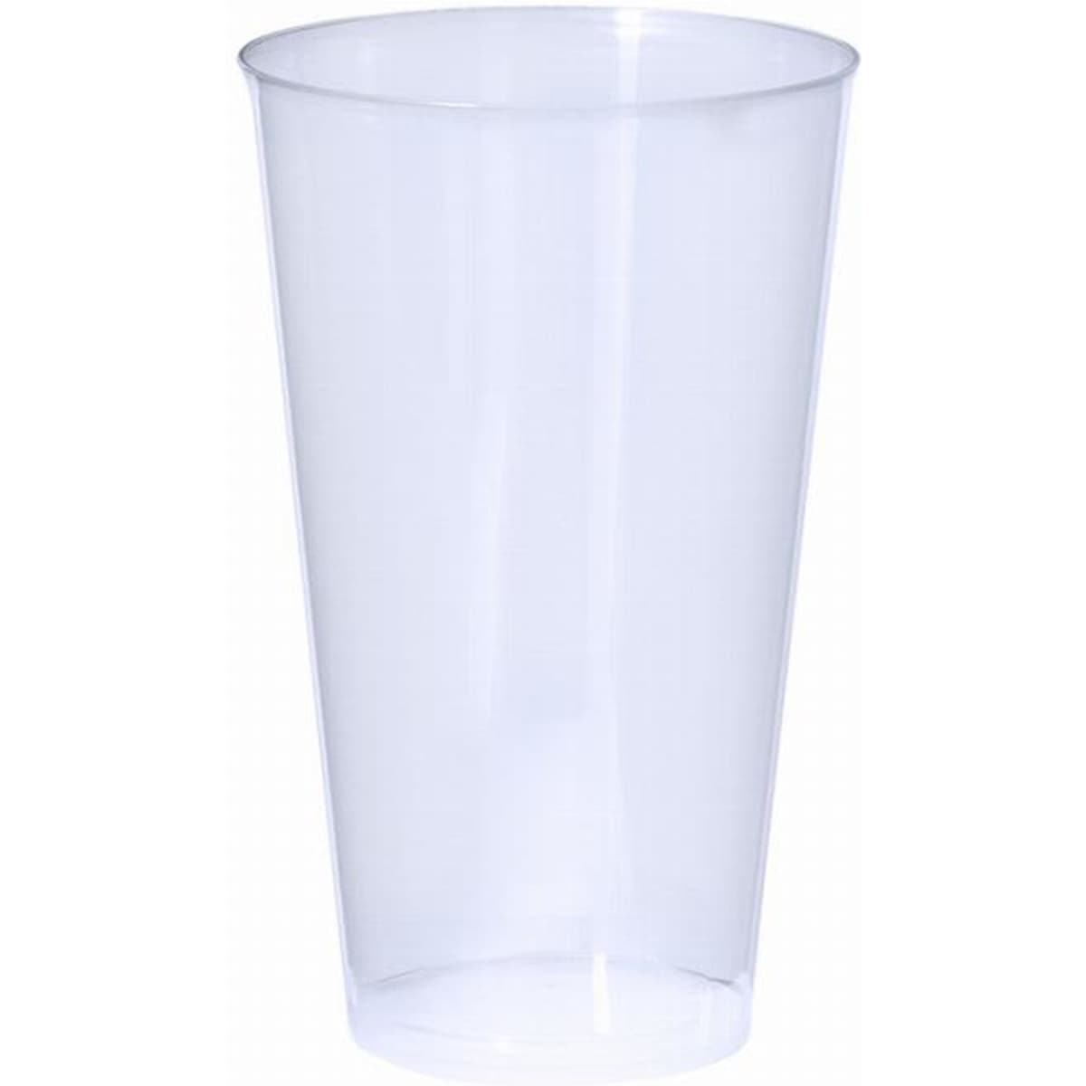 A clear plastic cup with a smooth surface and tapered design, suitable for beverages.