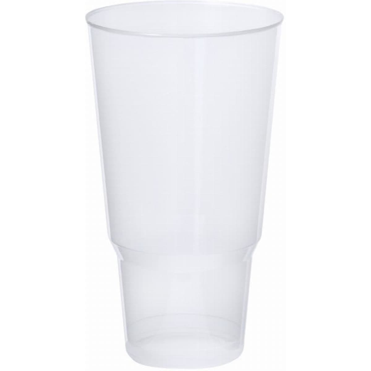 A transparent plastic cup with a tapered design, suitable for various beverages. It includes a branding logo.