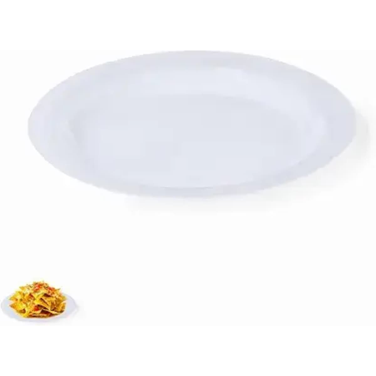 A white, oval-shaped serving platter with no contents, placed above a small dish of nachos.