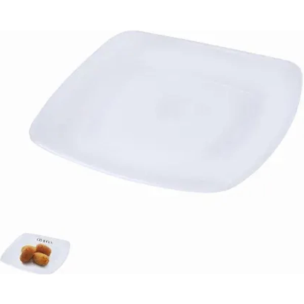 A large square white plate with a smaller white dish holding a piece of food. The smaller dish has a simple logo.