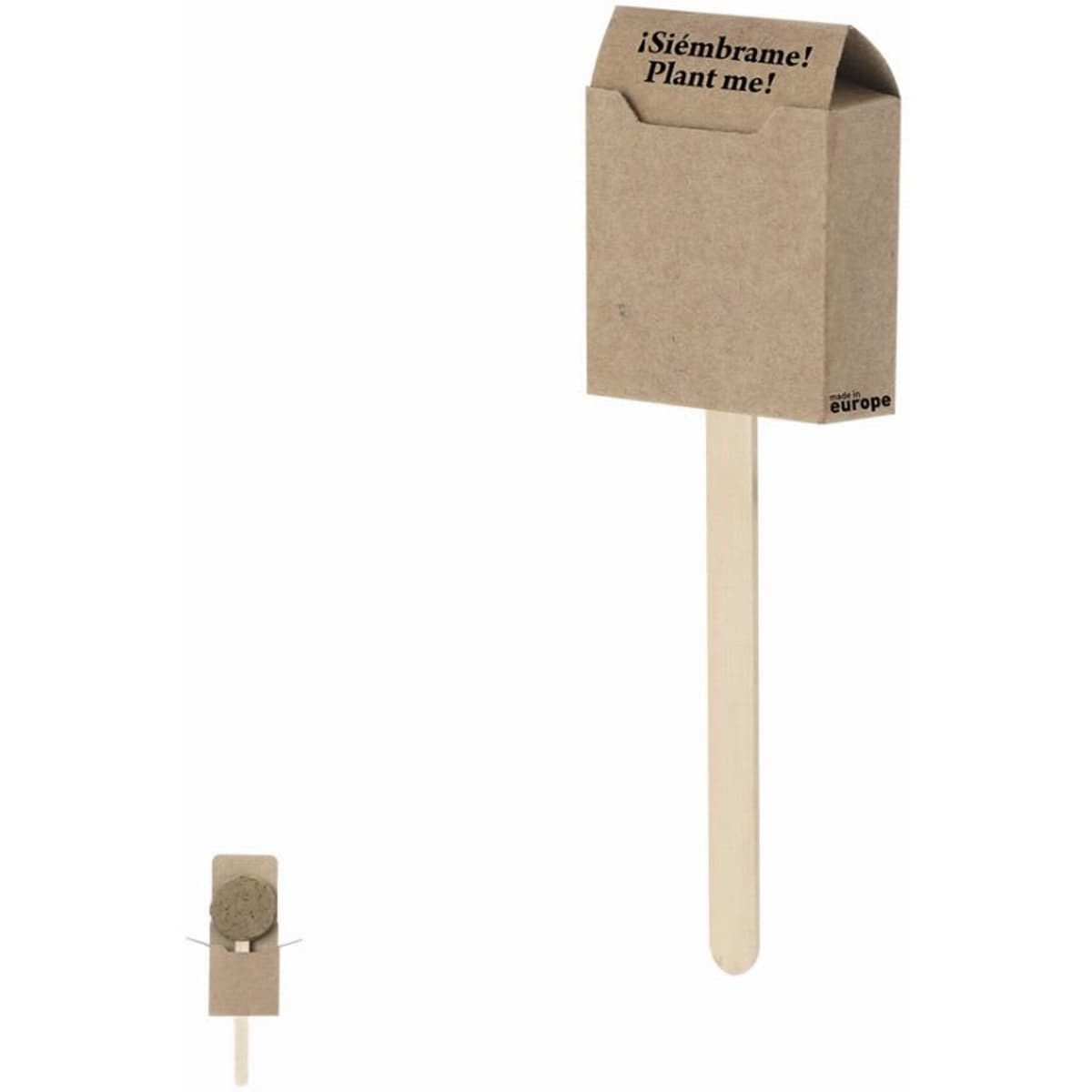A plantable seed packet made of brown cardboard, featuring a wooden stick for planting.