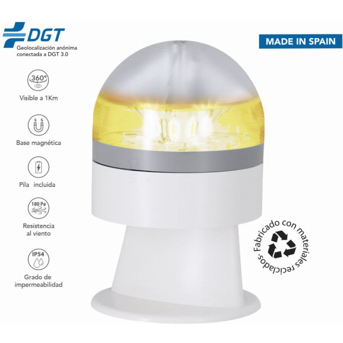 A light device with a reflective yellow dome and a white base, featuring a magnetic base and a logo.