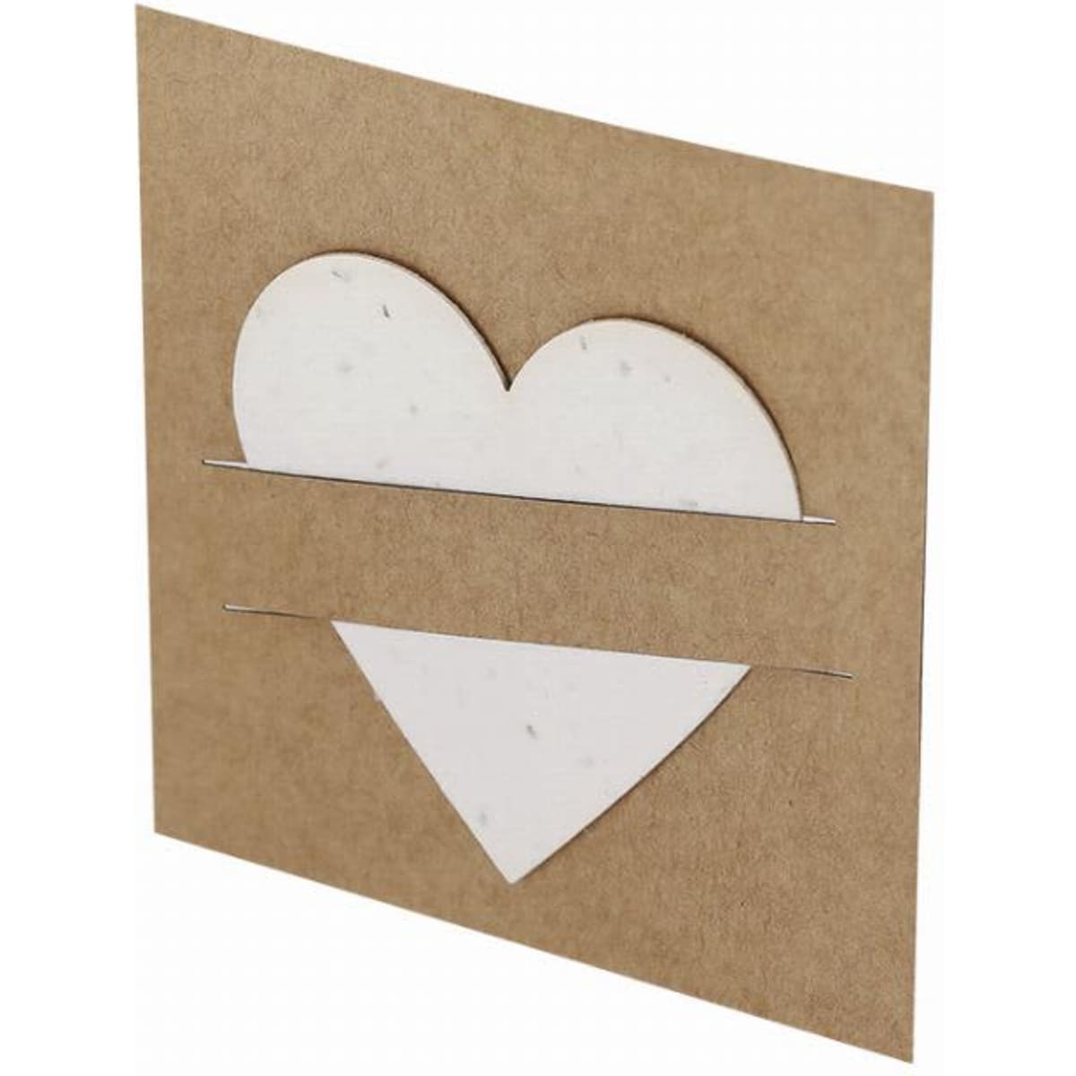 A heart-shaped cutout in a brown card, featuring a white inner piece, with a simple, minimalist design.