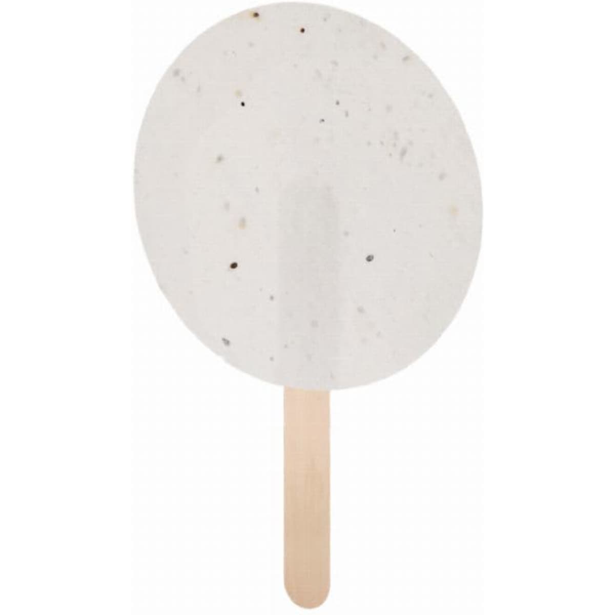 A round, speckled ice cream pop with a wooden stick, featuring a creamy white colour.