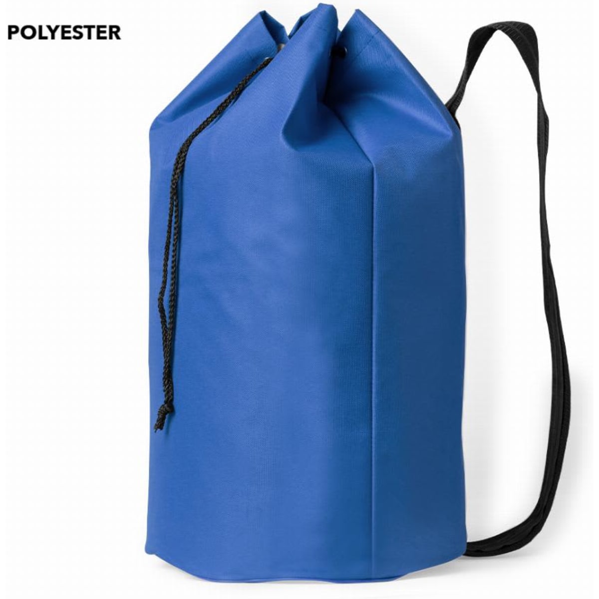 A blue drawstring backpack made of polyester with a black strap. It has a rounded shape and a cinched closure.