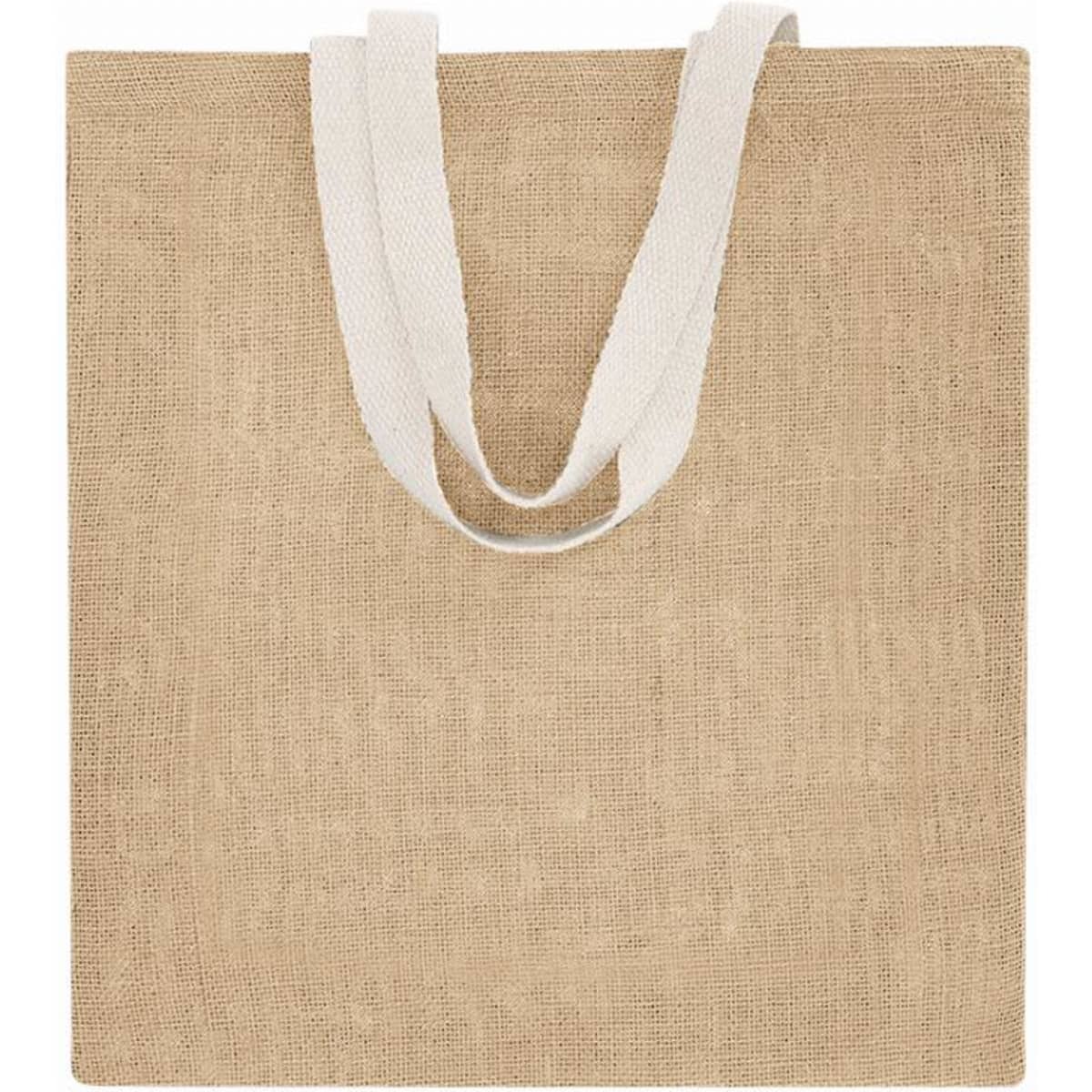 A jute tote bag in a natural beige colour with white cotton straps. The bag has a simple, unbranded design.