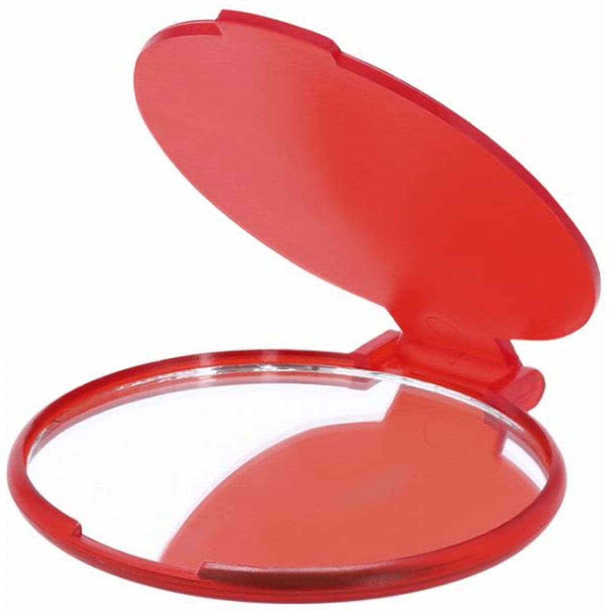 A red compact mirror with a hinged lid, showcasing a reflective surface inside. It features a simple, circular design.