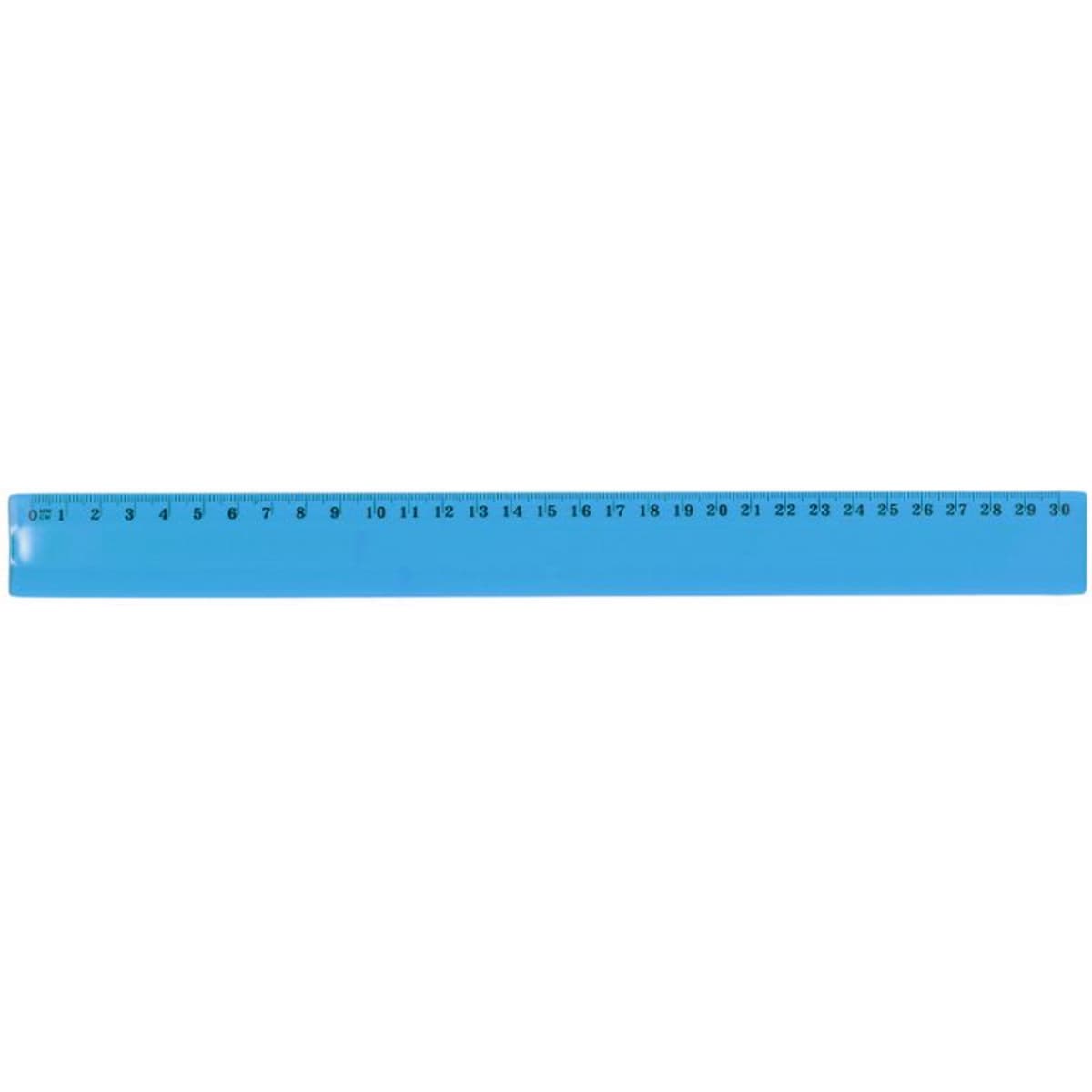 A ruler in a bright blue colour with measurements marked along its length. It features a smooth, flat design.