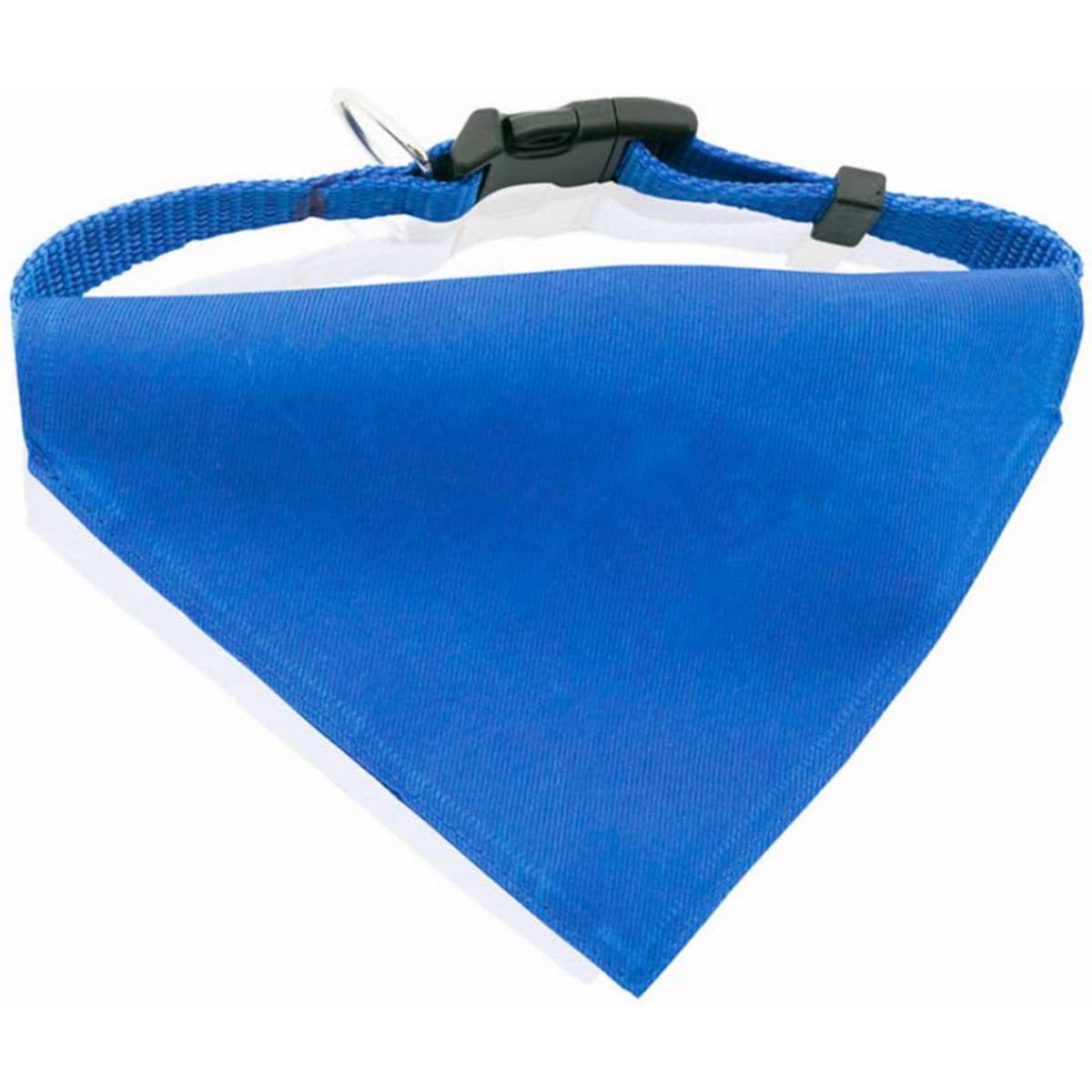 A triangular blue bandana with a clip attachment, made of fabric material. It features a logo on the design.