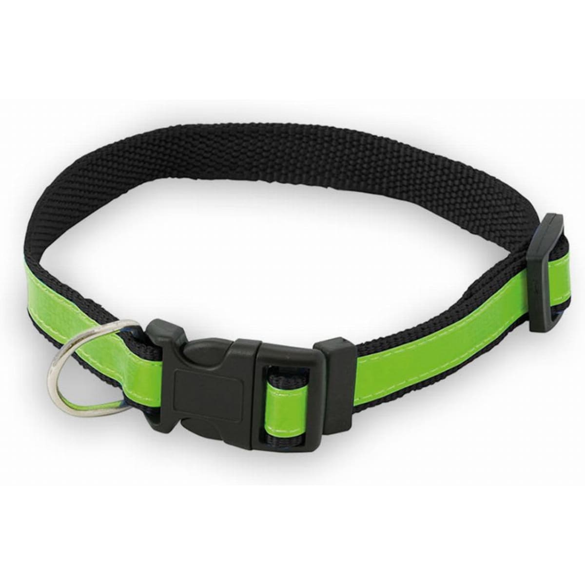 A pet collar featuring a black nylon strap with a vibrant green reflective strip and a secure plastic buckle.
