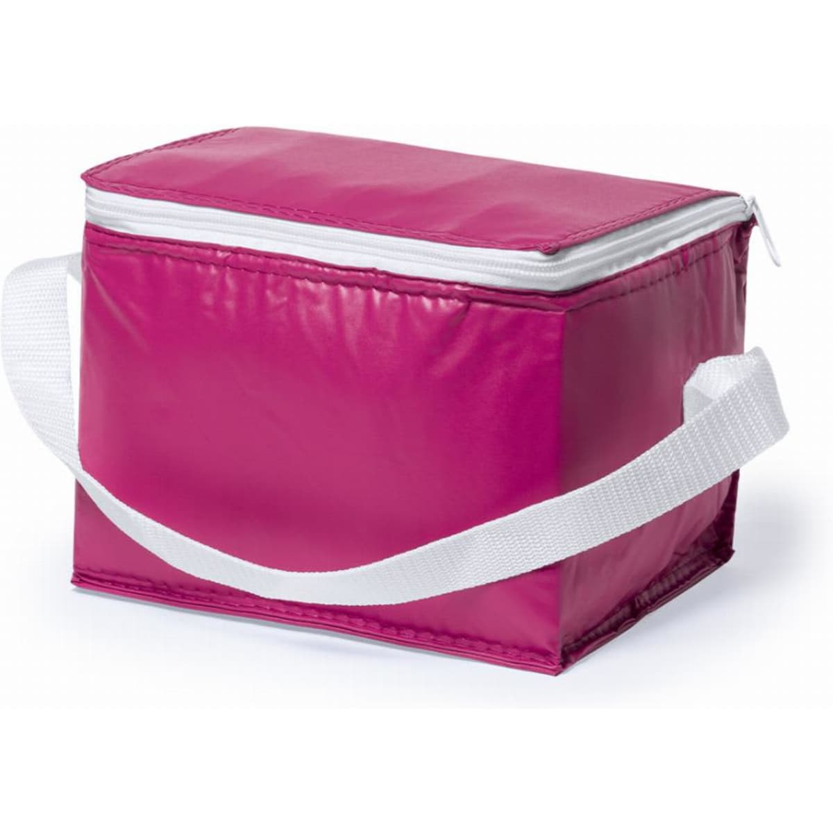 A pink insulated cooler bag with a white zip and a white shoulder strap. It has a rectangular shape and a flat top.