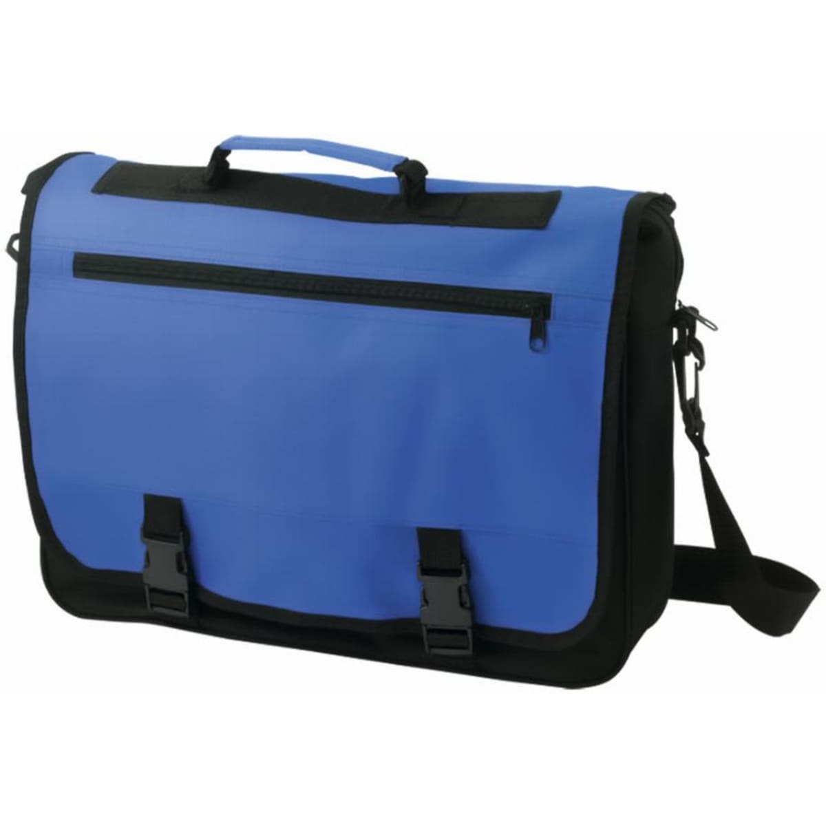A messenger bag in blue with black accents, featuring a front zip pocket and adjustable shoulder strap.