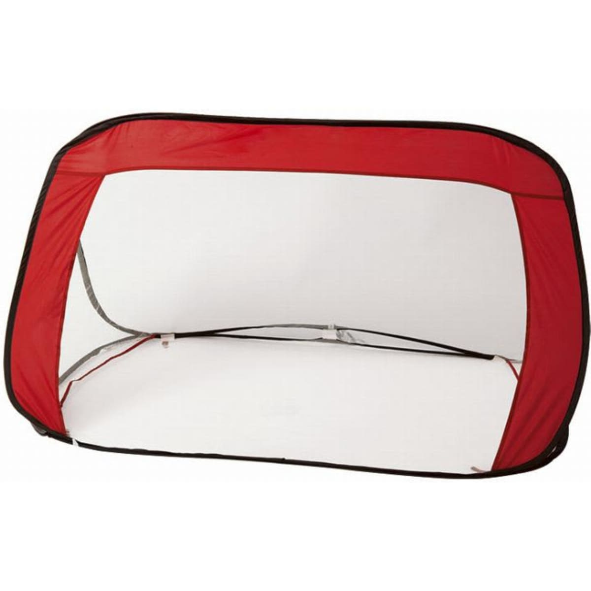 A pop-up tent in red and black, featuring an open design with a white interior. It has a lightweight frame.