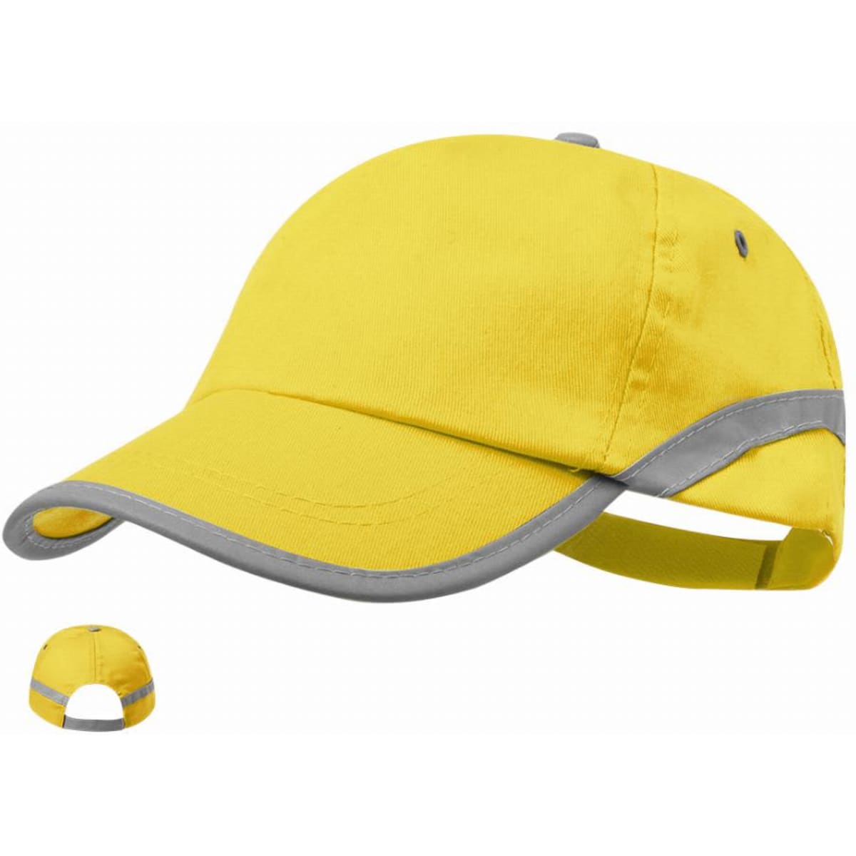 A yellow cap with a grey brim and a reflective band, featuring a logo on the front.
