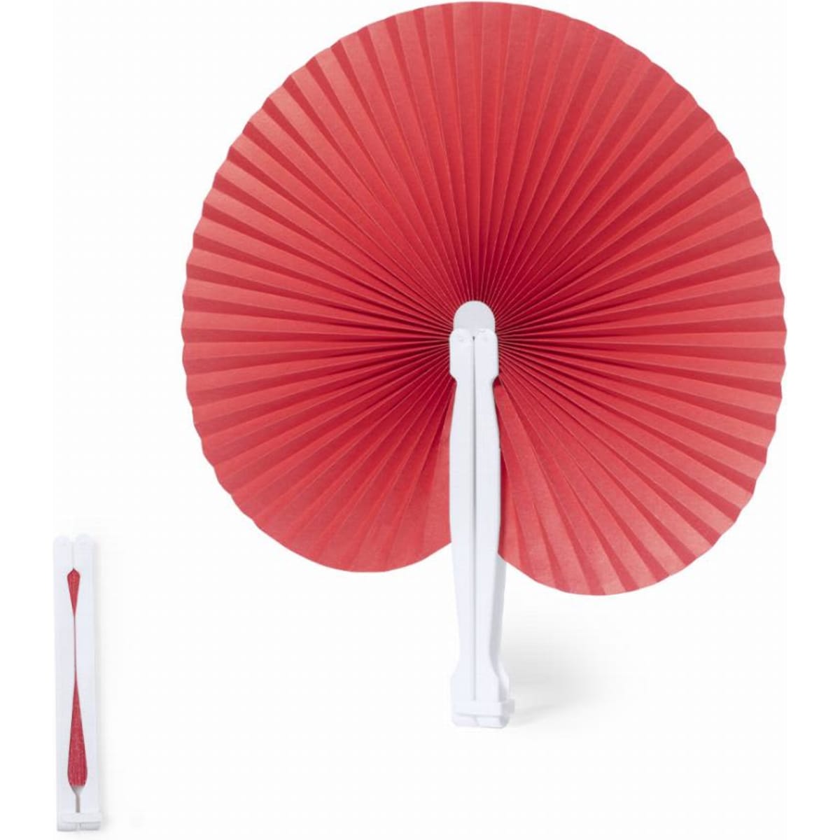 A red paper fan with pleats, featuring a white handle. The fan is displayed in a partially unfolded position.