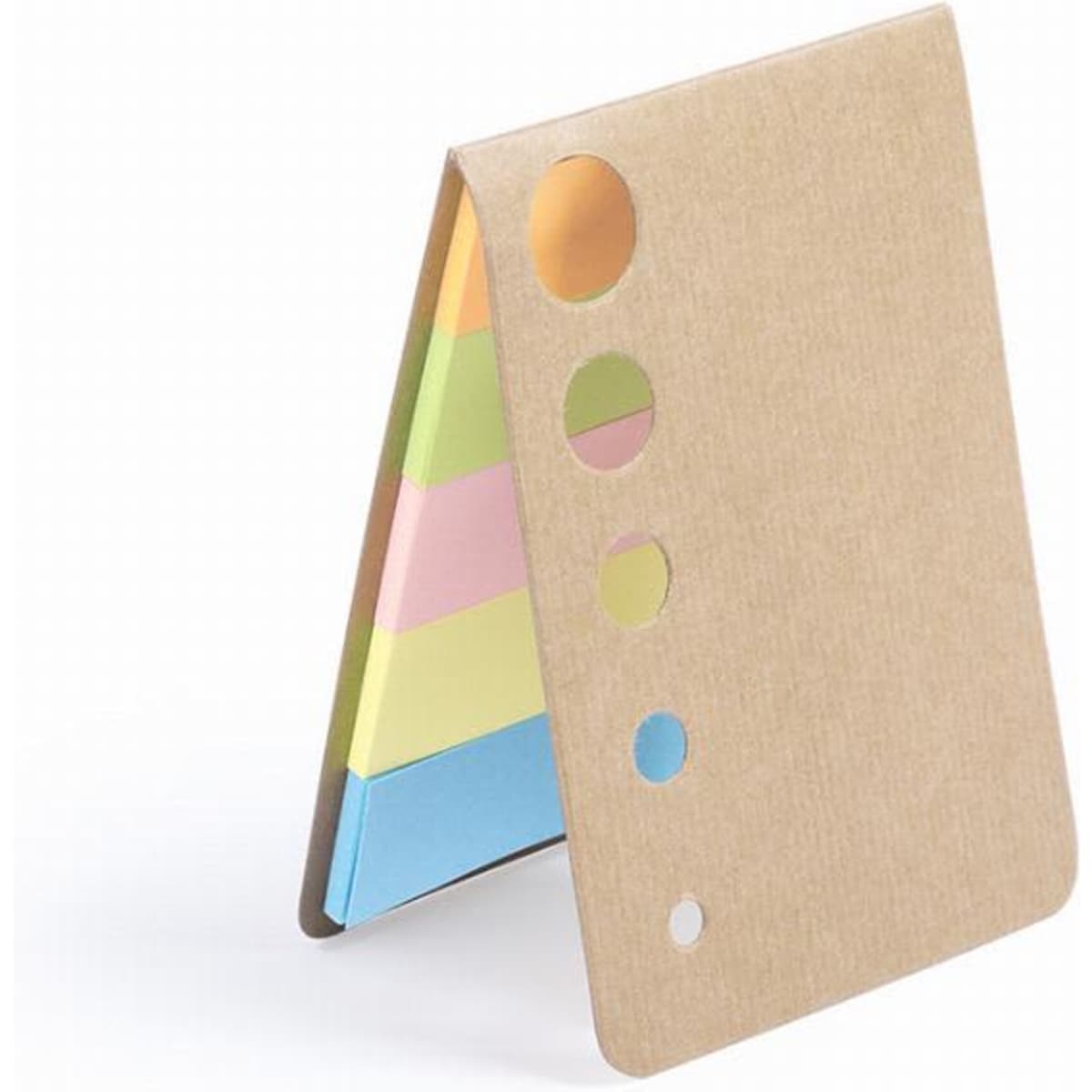 A notepad with a brown cover featuring multiple coloured sticky notes in pastel shades and circular cutouts.