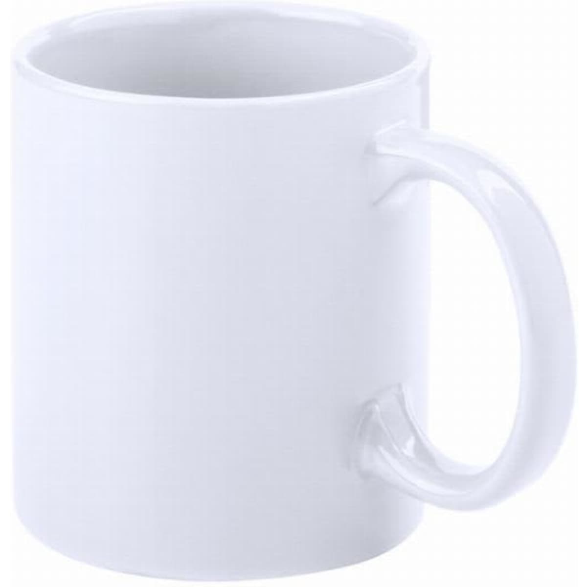 A white mug with a smooth finish and a curved handle, featuring a blank surface for design customization.