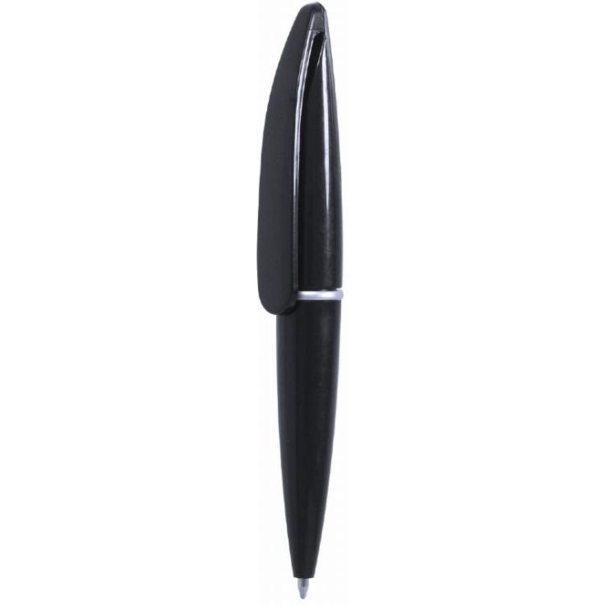 A black pen with a sleek design and silver accents, featuring a clip on the cap.