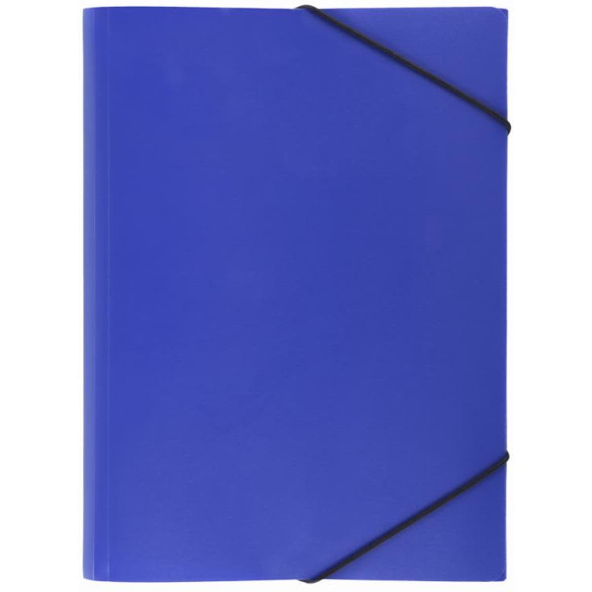A blue folder with a black elastic band, featuring a solid colour design and no visible text or graphics.
