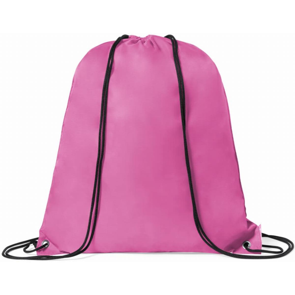 A drawstring bag in bright pink with black cords for closure. It features a simple, smooth design.