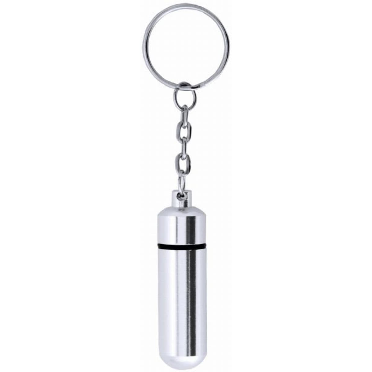 A keychain featuring a silver cylindrical capsule with a keyring attachment. The design is sleek and metallic.