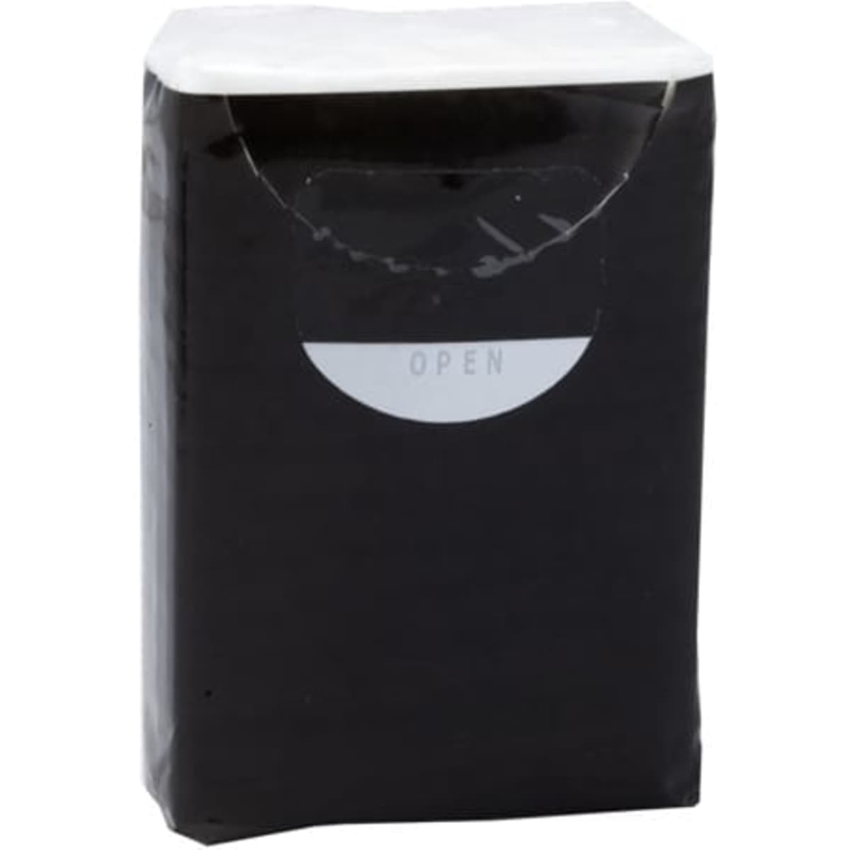 A black tissue pack with a white top and a circular opening for easy access.