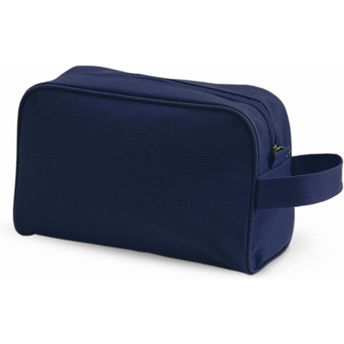 A navy blue toiletry bag with a zip closure and a handle on one side. It has a simple, sleek design.