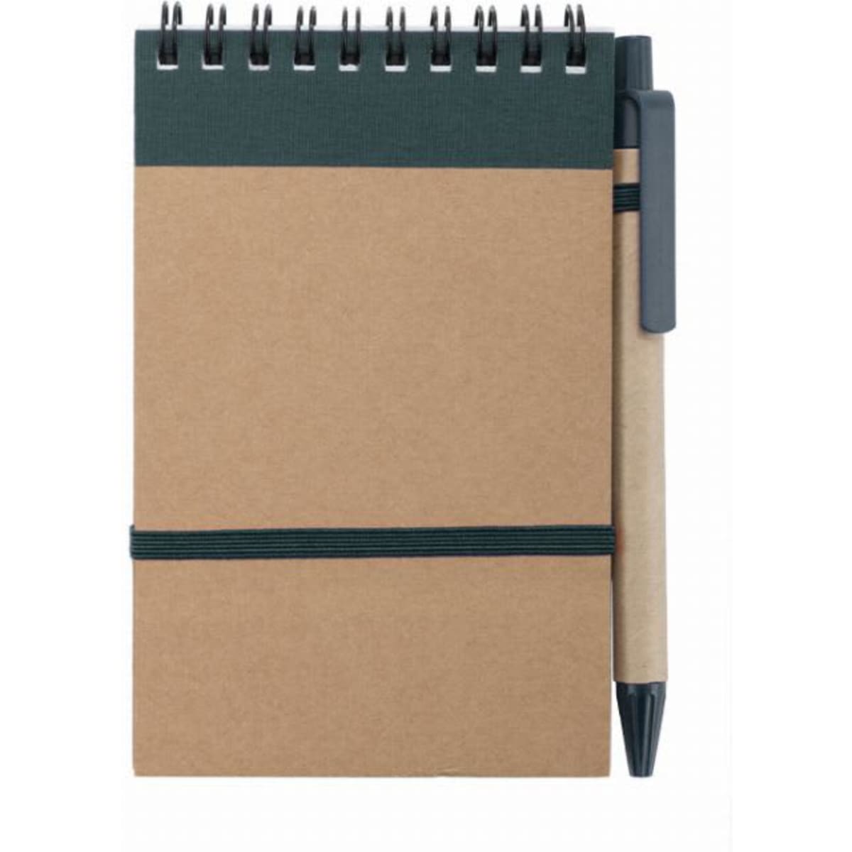 A brown spiral-bound notebook with a green band and a matching pen attached.