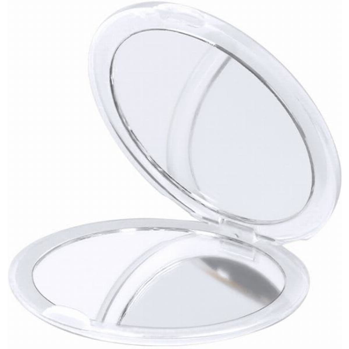 A compact mirror with a clear casing, featuring two reflective surfaces inside.