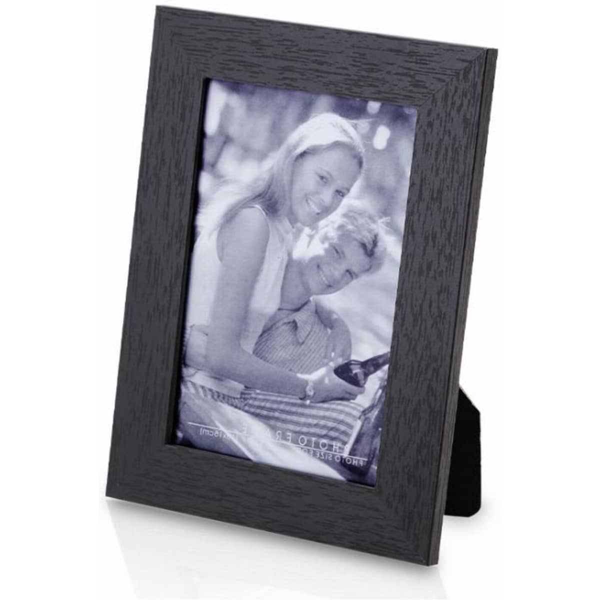 A black photo frame showcasing a black-and-white image of a couple, standing upright with a back support.