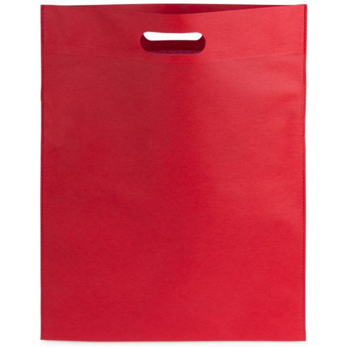A red promotional bag with a top cut-out handle for easy carrying. It has a smooth, solid surface and no visible branding.