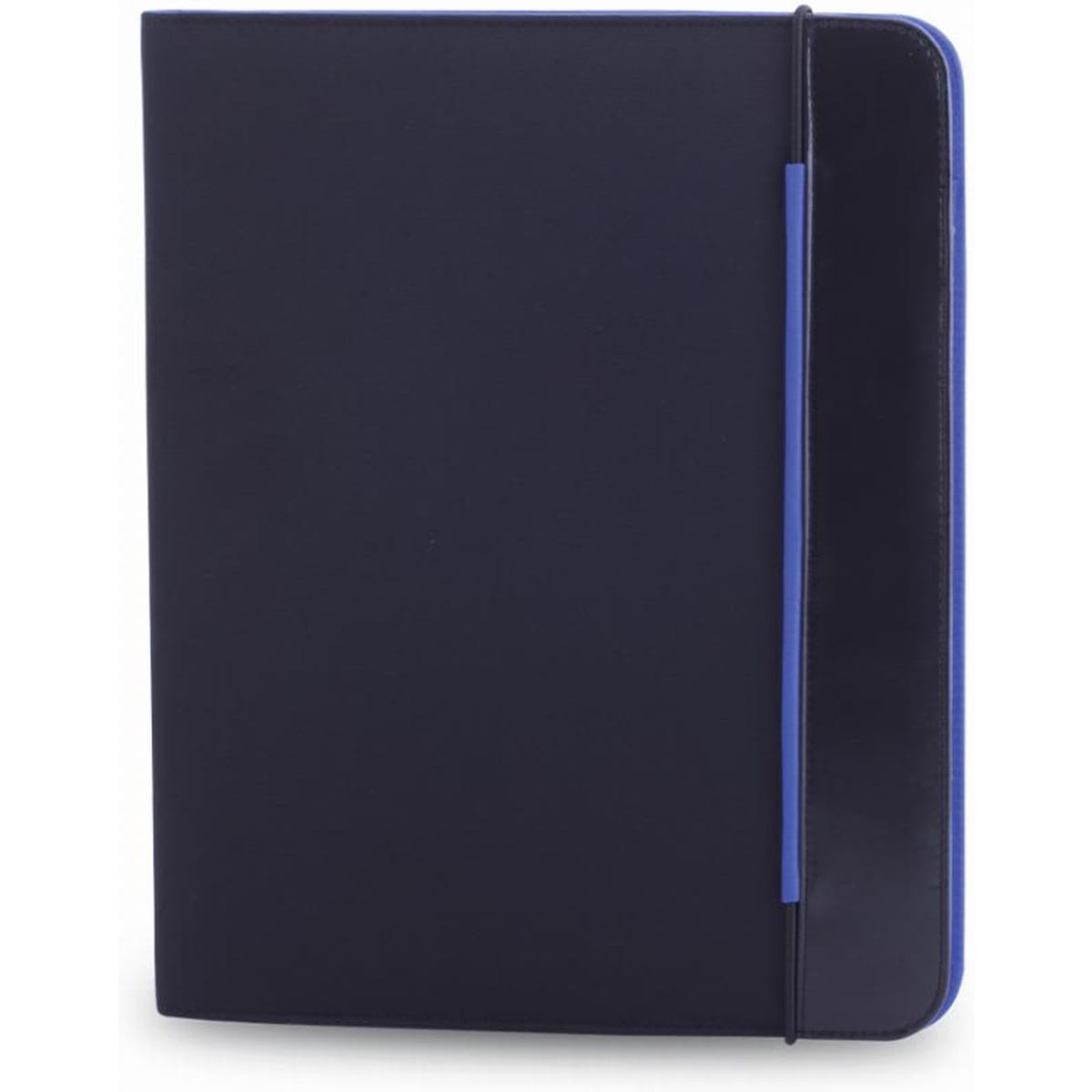 A navy blue folder with a blue accent and an elastic closure. The design includes branding on the front.