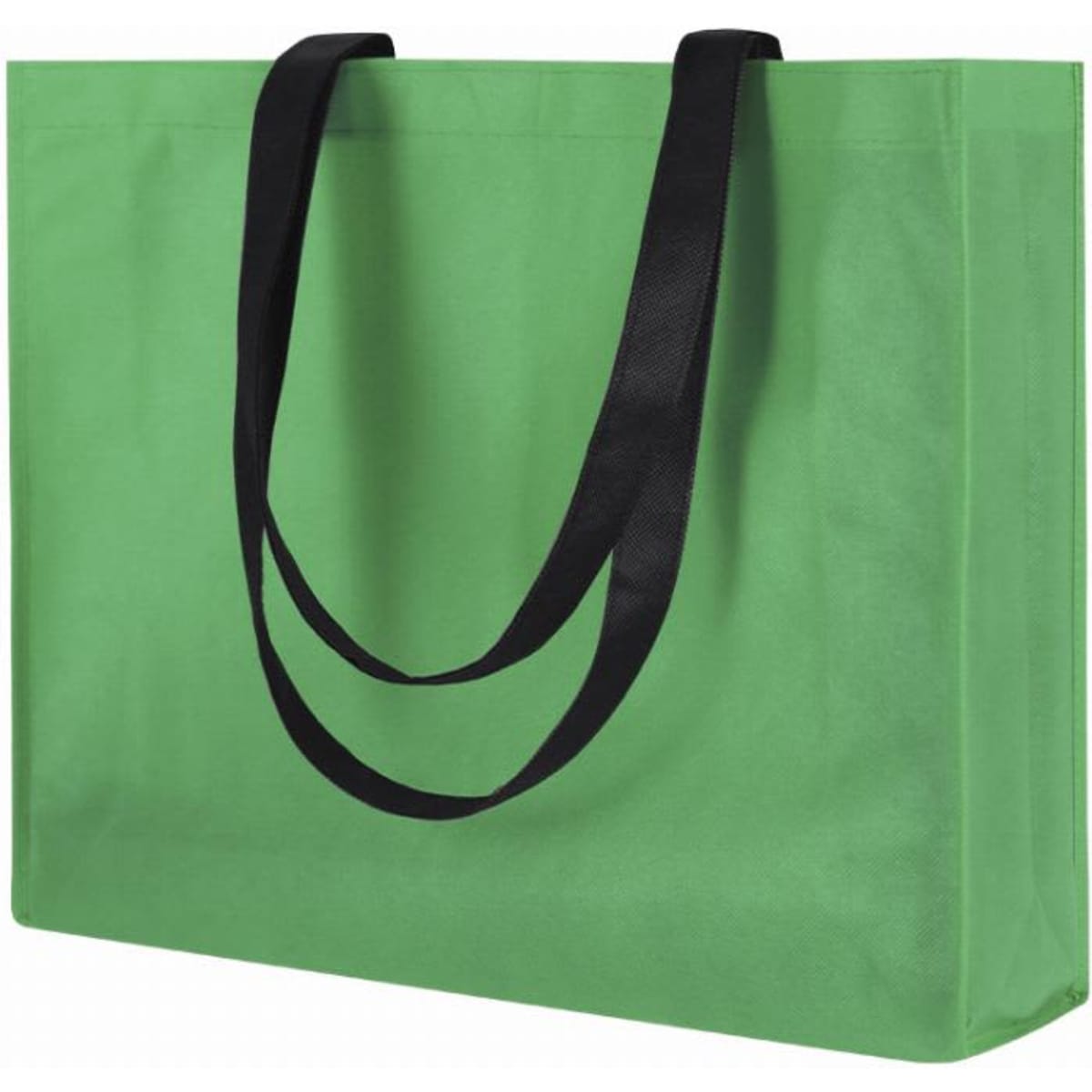 A green tote bag with black handles, featuring a simple and spacious design.