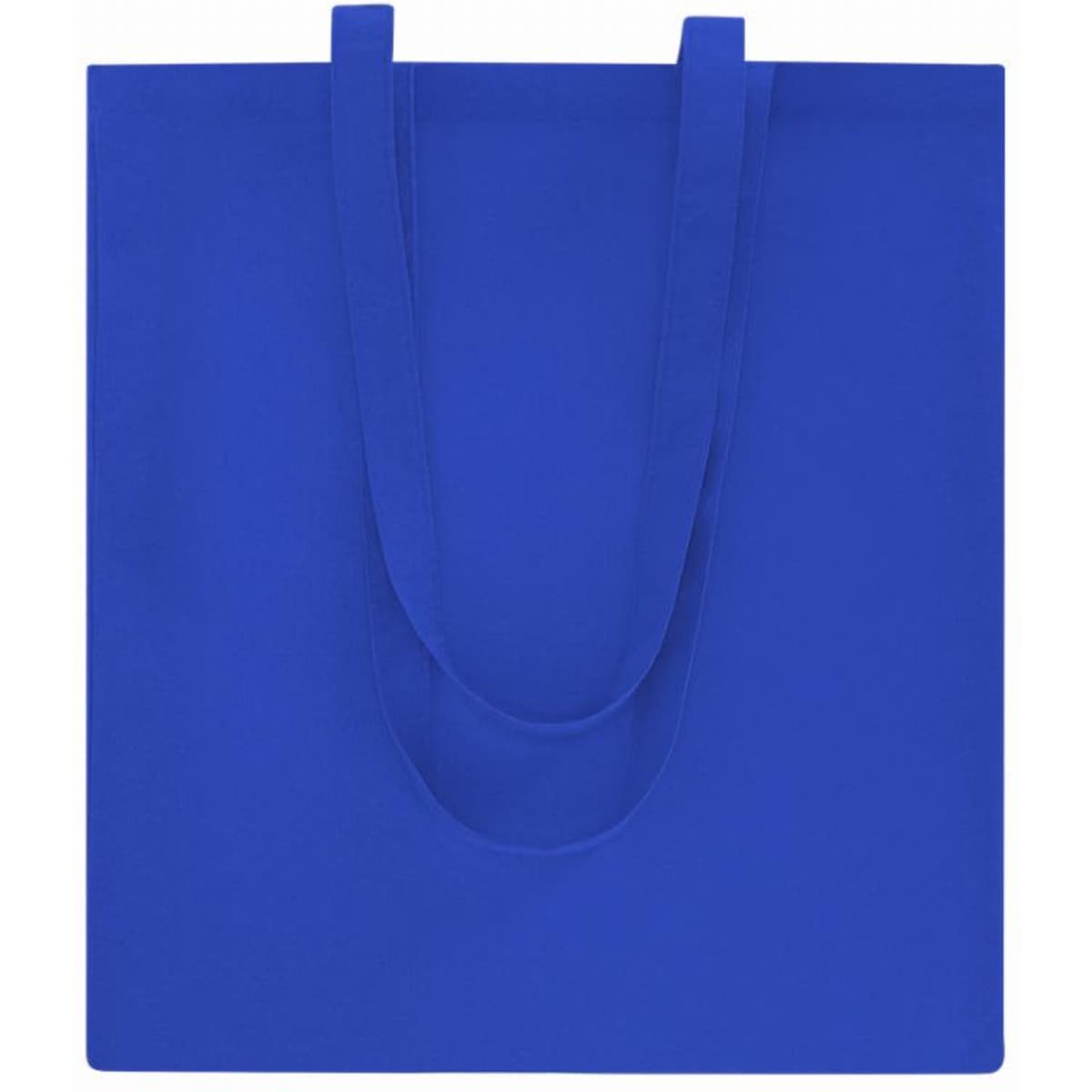 A blue tote bag with long handles, featuring a simple and solid design.