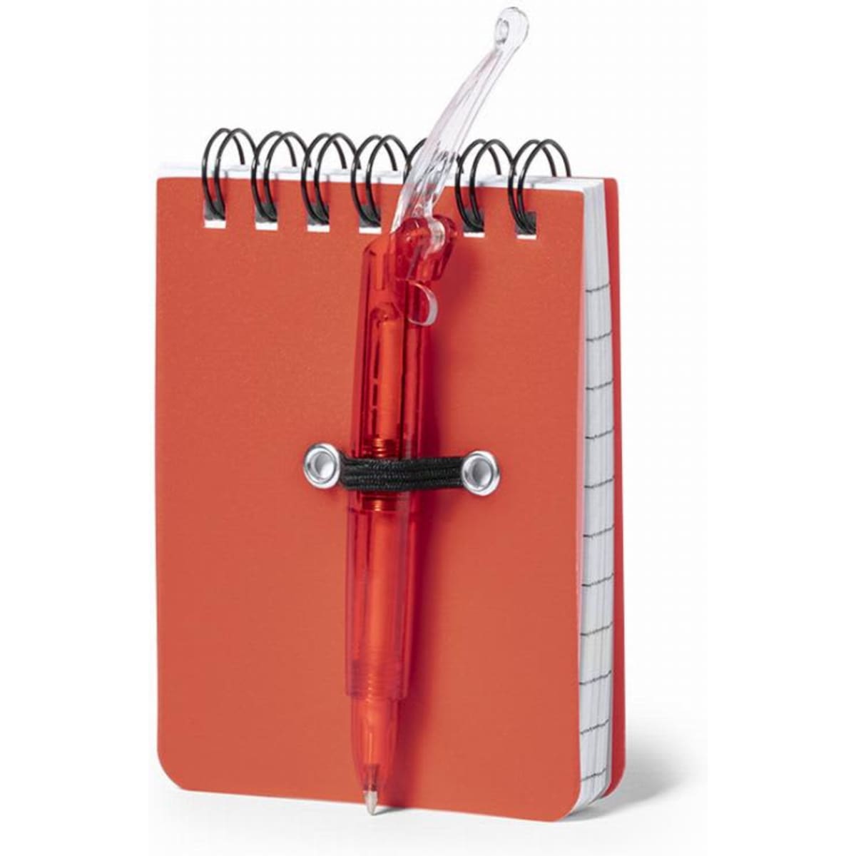 An orange spiral-bound notebook with a clear pen secured to it. The notebook features a grid pattern inside.