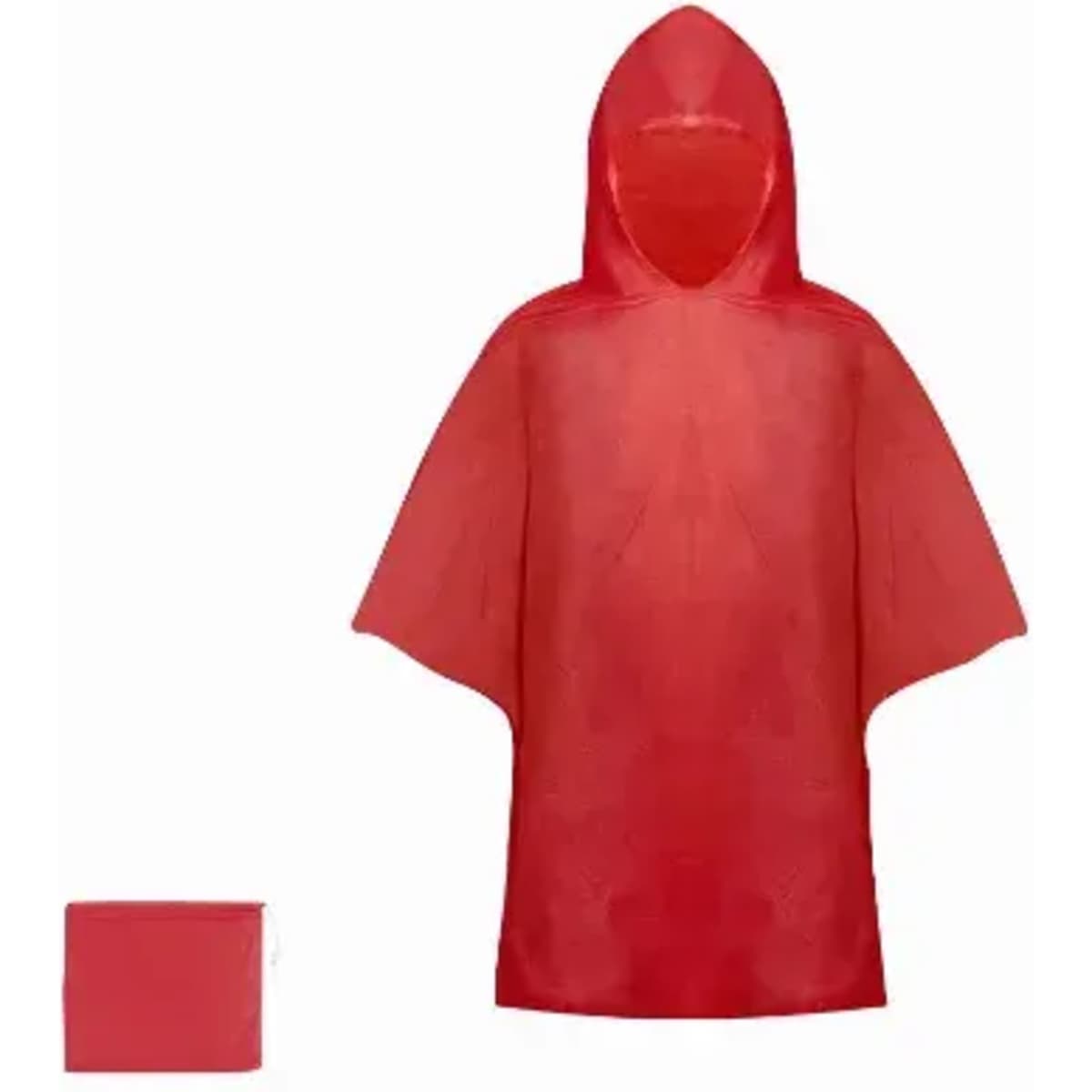 A red poncho with a hood, displayed alongside a compact, matching storage pouch.