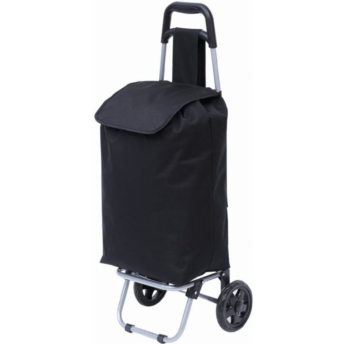 A black shopping trolley with a folding handle, featuring a large storage compartment and two wheels for easy mobility.