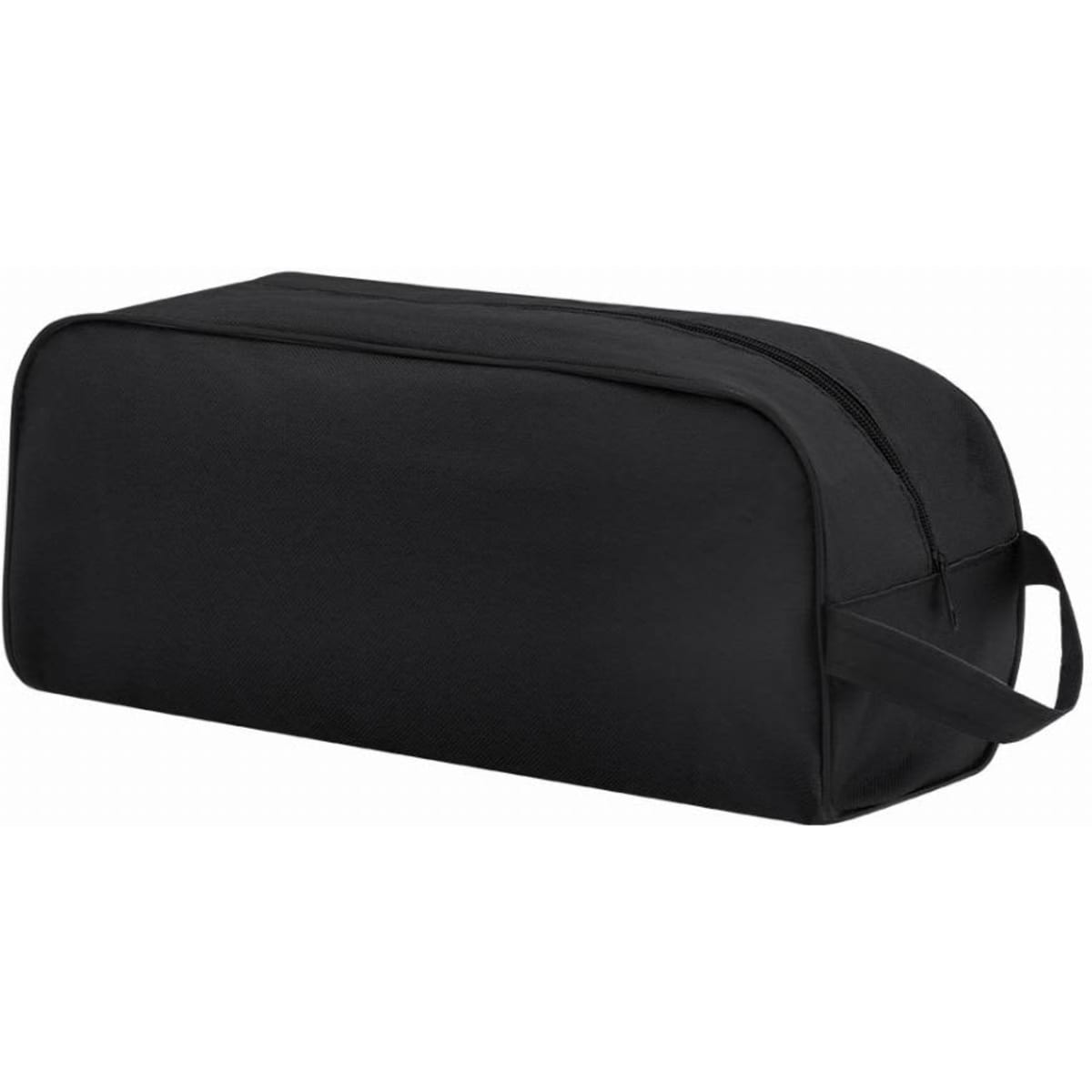 A black travel pouch with a zip closure and a side handle for easy carrying.