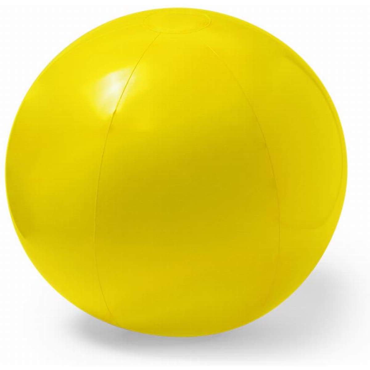 A bright yellow beach ball featuring a smooth, shiny surface and a round shape.
