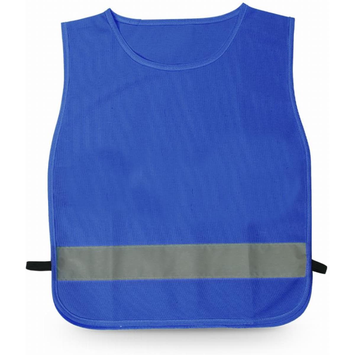 A safety vest in bright blue with a reflective grey strip at the bottom, featuring adjustable black straps.