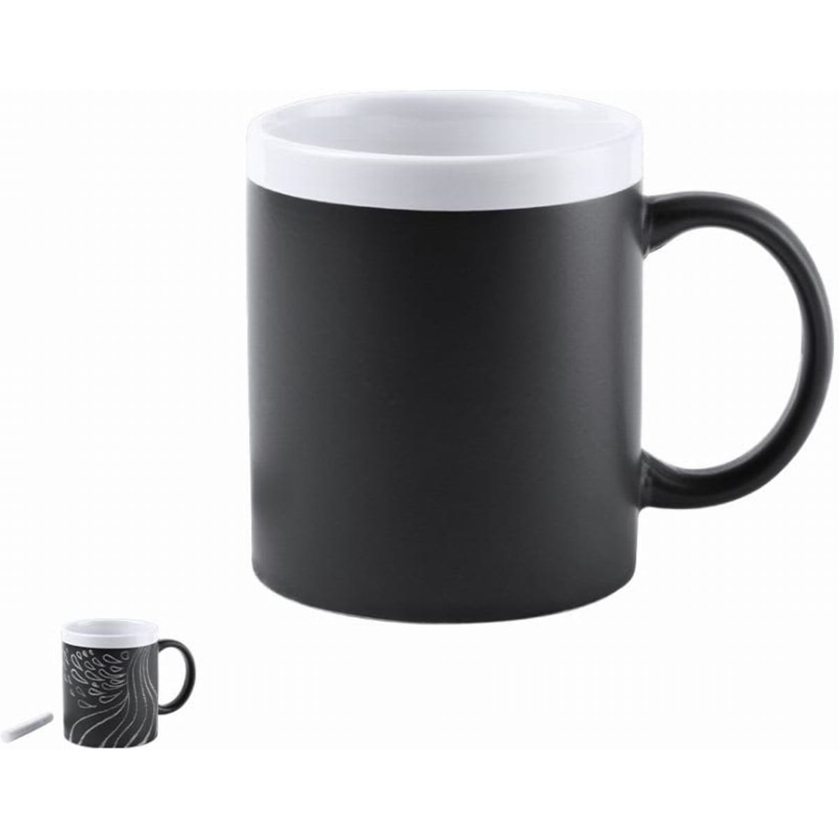 A black mug with a contrasting white rim and handle, featuring a decorative design on one side.